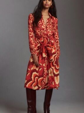 Farm Rio Long-Sleeve V-Neck Floral Midi Shirt Dress